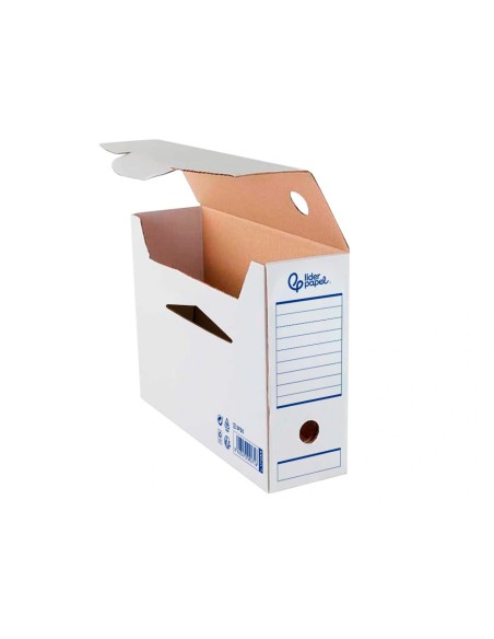 Caja archivo definitivo automatica liderpapel folio carton reciclado 325g/m2 lomo 100 mm blanco 360x100x255mm