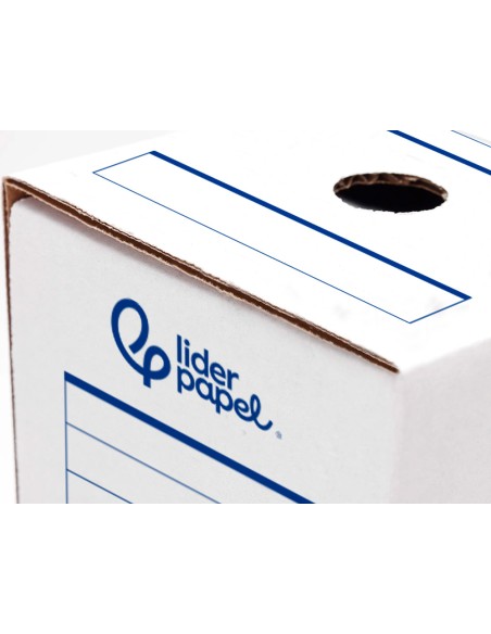 Caja archivo definitivo automatica liderpapel folio carton reciclado 325g/m2 lomo 100 mm blanco 360x100x255mm