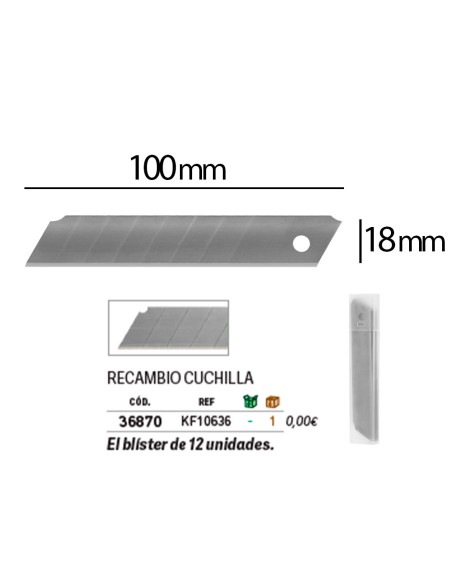 Repuesto cuter q-connect ancho para modelos kf10632/kf10635/kf10937/kf10634 cuchilla 18 mm blister 12 unidades