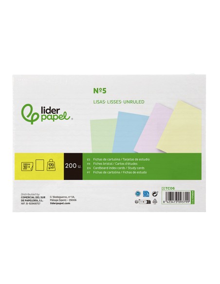 Tarjeta liderpapel para estudiar lisa cartulina de colores 170gr 160x220mm paquete de 200 unidades