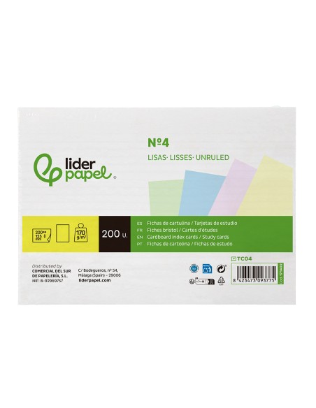 Tarjeta liderpapel para estudiar lisa cartulina de colores 170gr 125x200mm paquete de 200 unidades