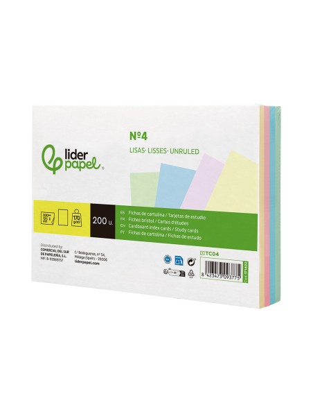 Tarjeta liderpapel para estudiar lisa cartulina de colores 170gr 125x200mm paquete de 200 unidades