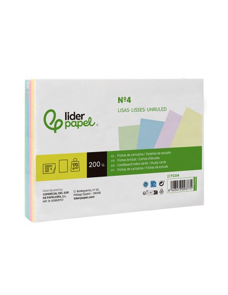 Tarjeta liderpapel para estudiar lisa cartulina de colores 170gr 125x200mm paquete de 200 unidades