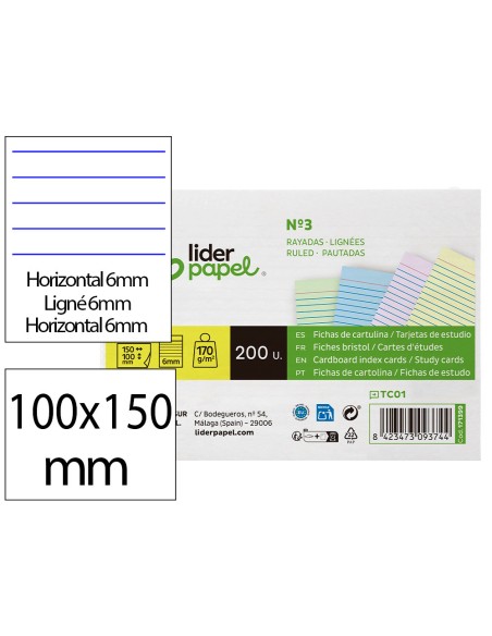 Tarjeta liderpapel para estudiar rayada cartulina de colores 170gr 100x150mm paquete de 200 unidades