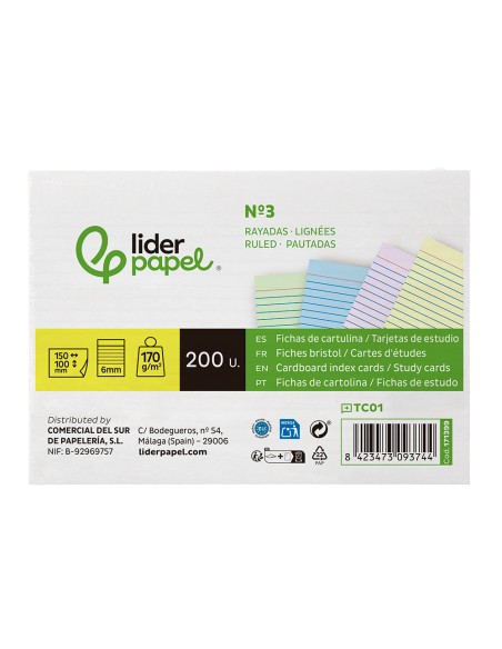 Tarjeta liderpapel para estudiar rayada cartulina de colores 170gr 100x150mm paquete de 200 unidades