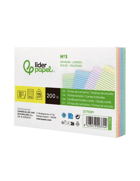 Tarjeta liderpapel para estudiar rayada cartulina de colores 170gr 100x150mm paquete de 200 unidades