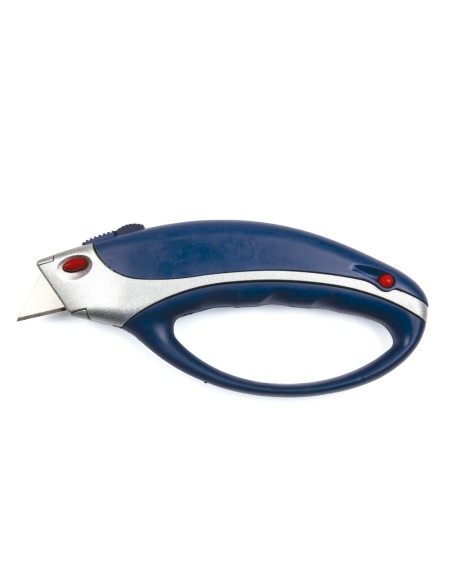 Cuter q-connect xs6200 metalico ancho azul y gris con mango de plastico y compartimento para cuchillas