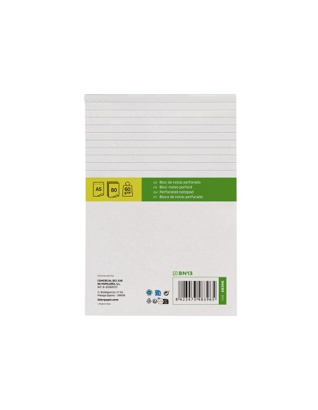 Bloc notas liderpapel horizontal a5 80 hojas 60g/m2 perforado