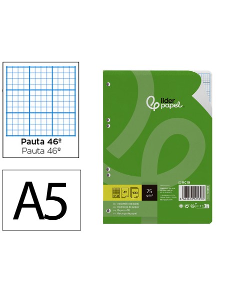 Recambio liderpapel din a5 100 hojas 75gr rayado nº 46 6 taladros