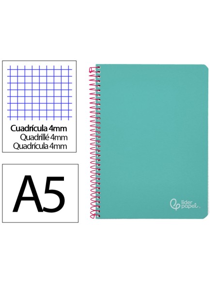 Cuaderno espiral liderpapel a5 witty tapa dura 80h 90gr cuadro 4mm con margen color turquesa