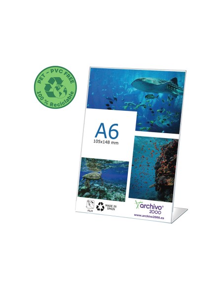 Expositor sobremesa archivo 2000(pack/10)pet flexible 100%reciclable din a6 vertical forma l transparente