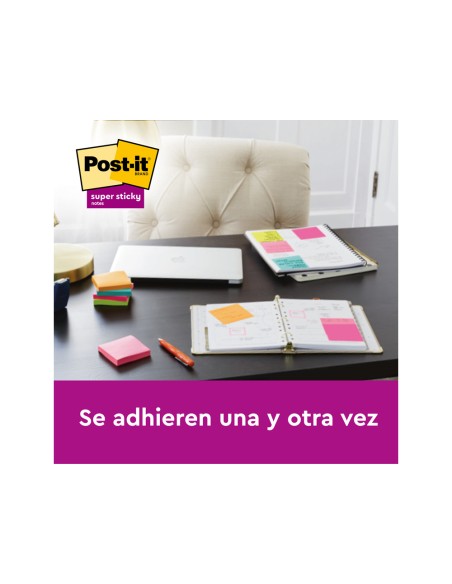 Bloc de notas adhesivas quita y pon post it super sticky carnival 100% pefc 76x127 mm pack de 6 blocs colores