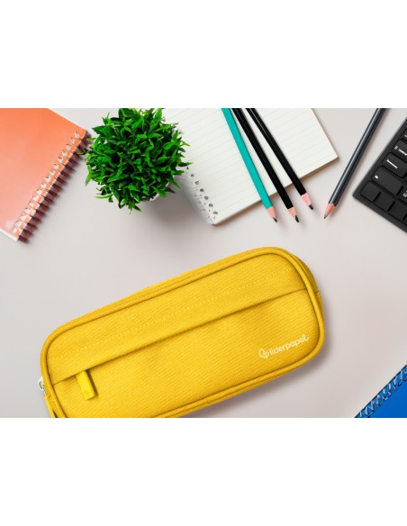 Estuche portatodo liderpapel classic ovalado 2 cremalleras con bolsillo delantero 210x90mm amarillo