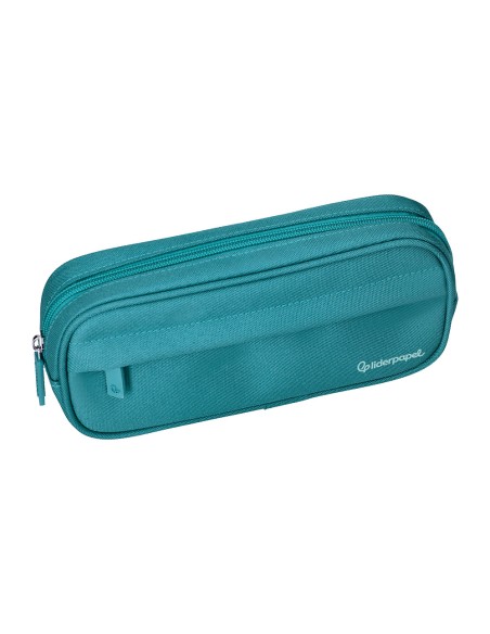 Estuche portatodo liderpapel classic ovalado 2 cremalleras con bolsillo delantero 210x90mm azul turquesa