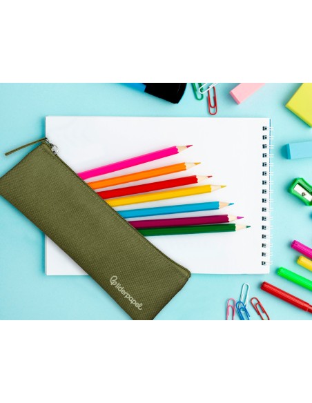 Estuche portatodo liderpapel plano estrecho una cremallera 200x60 mm verde militar