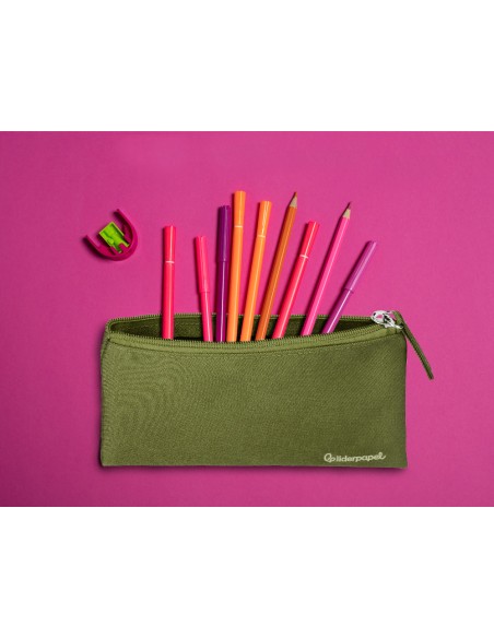 Estuche portatodo liderpapel plano ancho una cremallera 200x100 mm verde militar