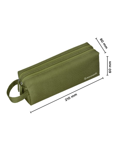 Estuche portatodo liderpapel classic rectangular con asa 2 cremalleras 210 x80mm verde militar
