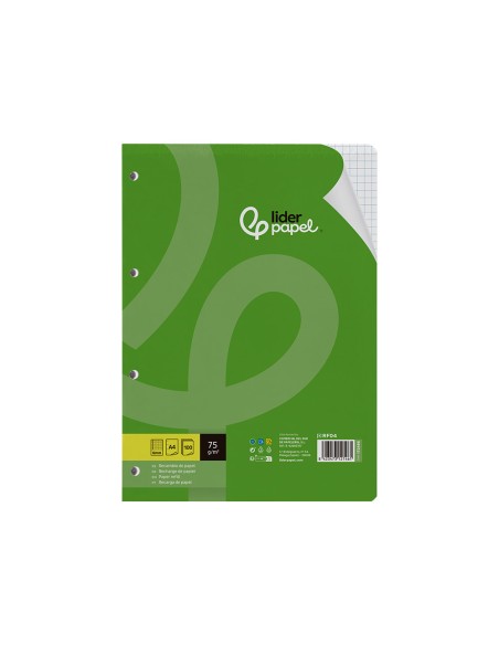 Recambio liderpapel a4 100 hojas 75gr cuadro 6mm 4 taladros con margen