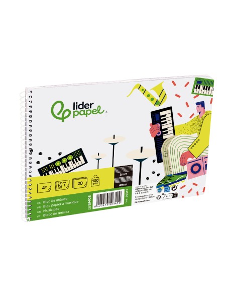 Bloc musica liderpapel combi pentagrama 3mm mas cuadricula de 4mm para anotaciones cuarto20 hojas 100g/m2