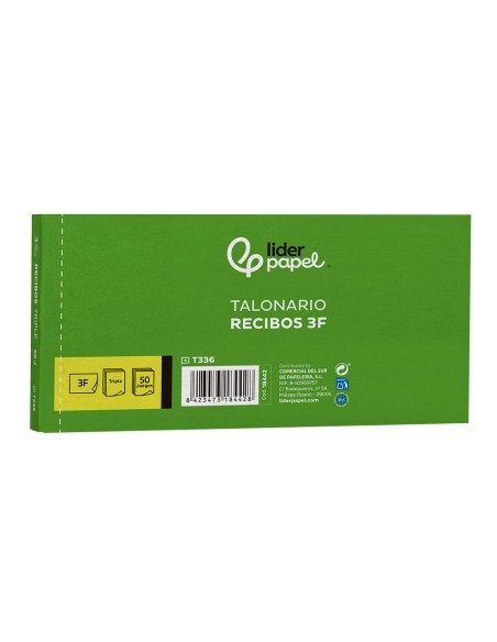 Talonario liderpapel recibos 3/fº apaisado original y 2 copias sin matriz