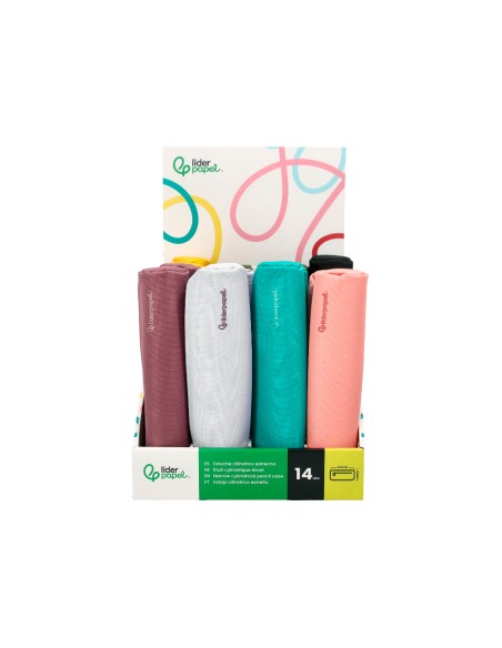 Estuche portatodo liderpapel slim cilindrico 220x45 mm expositor de 14 unidades colores surtidos