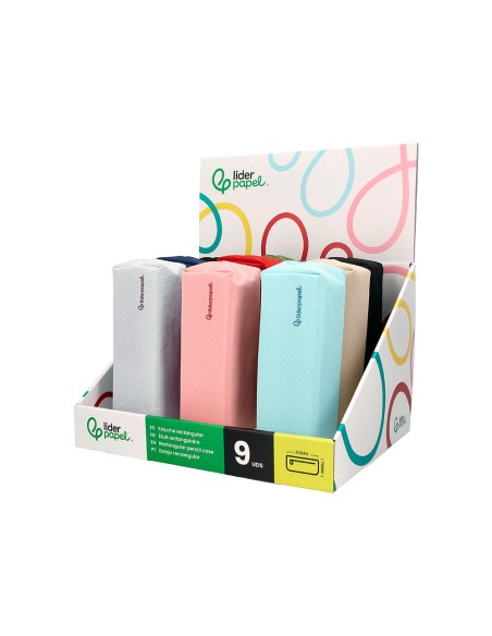 Estuche portatodo liderpapel classic rectangular con asa 210x70 mm expositor de 9 unidades colores surtidos
