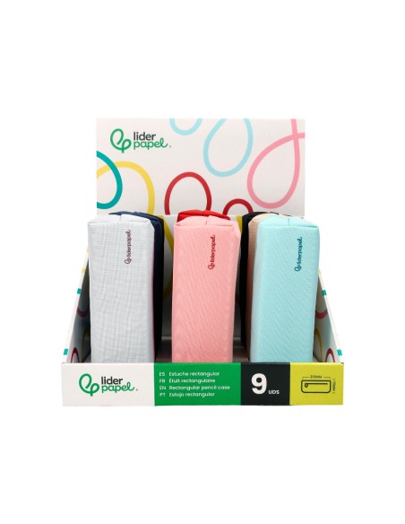 Estuche portatodo liderpapel classic rectangular con asa 210x70 mm expositor de 9 unidades colores surtidos