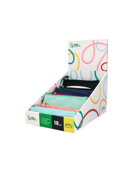 Estuche portatodo liderpapel plano estrecho una cremallera 200x60 mm expositor de 18 unidades colores surtidos
