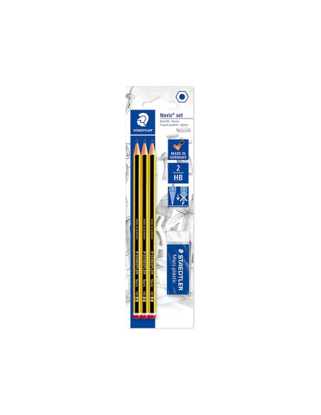 Lapices de grafito staedtler noris n.2 hb blister de 3 unidades + 1 goma de borrar mars plastic