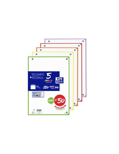Recambio oxford din a4 200+50 hojas gratis cuadro 5 mm 4 taladros con banda 5 colores vivos