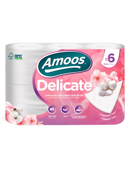 Papel higienico amoos delicate 3 capas color blanco paquete de 6 rollos 20 m