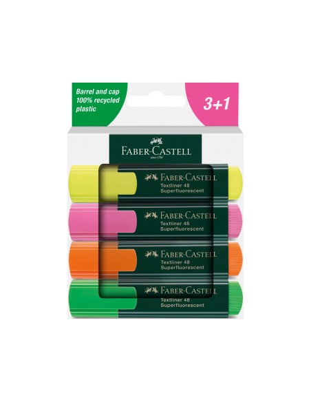 Rotulador faber castell neon txtlnr fluorescente caja de 3 + 1 unidad gratis colores surtidos