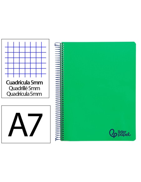 Cuaderno espiral liderpapel a7 micro wonder tapa plastico 100h 90gr cuadro 5mm 4 bandas color verde oscuro