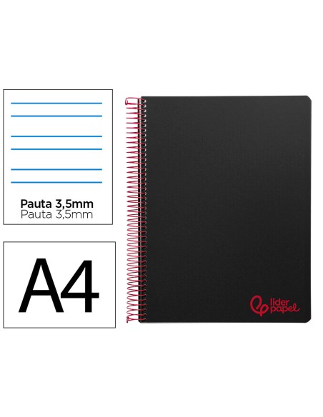Cuaderno espiral liderpapel a4 wonder tapa plastico 80h 90gr pauta ancha 3,5mm con margen color negro