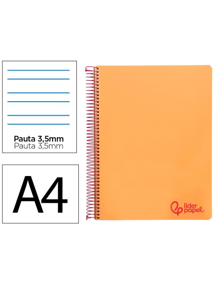 Cuaderno espiral liderpapel a4 wonder tapa plastico 80h 90gr pauta ancha 3,5mm con margen color naranja