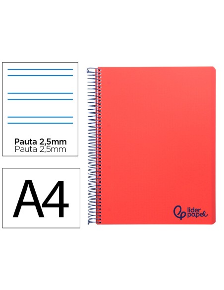 Cuaderno espiral liderpapel a4 wonder tapa plastico 80h 90gr pauta estrecha 2,5mm con margen color rojo