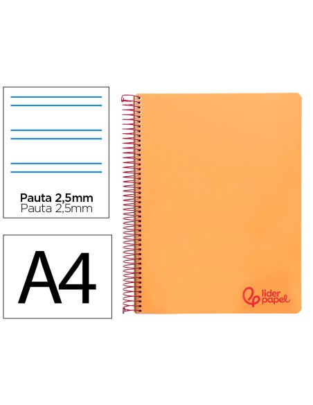 Cuaderno espiral liderpapel a4 wonder tapa plastico 80h 90gr pauta estrecha 2,5mm con margen color naranja