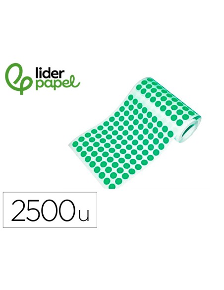 Gomets liderpapel autoadhesivo circulos 15 mm verde rollo de 2500 unidades en caja de carton