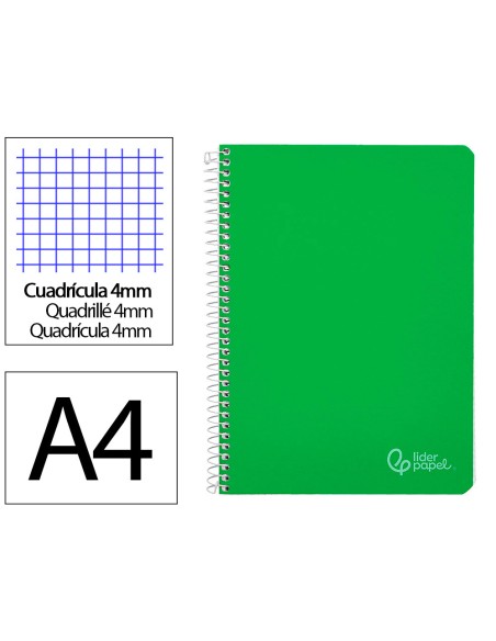 Cuaderno espiral liderpapel a4 witty tapa dura 80h 90gr cuadro 4mm con margen color verde