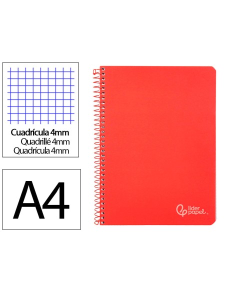 Cuaderno espiral liderpapel a4 witty tapa dura 80h 90gr cuadro 4mm con margen color rojo