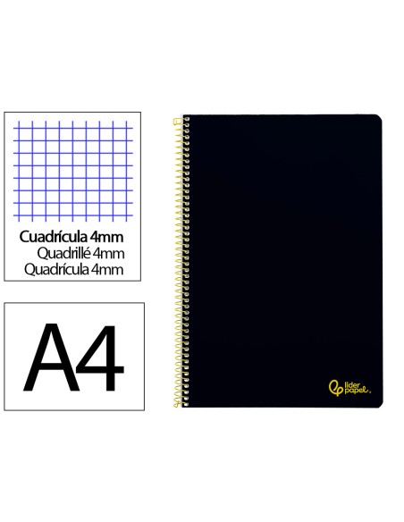 Cuaderno espiral liderpapel a4 smart tapa blanda 80h 75gr cuadro 4mm con margen color negro