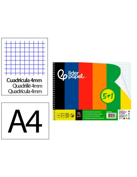 Cuaderno espiral liderpapel a4 smart tapa blanda 80h 75gr cuadro 4 mm con margen pack 5+1 colores surtidos
