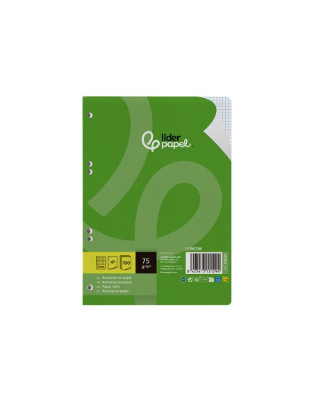 Recambio liderpapel a5 100 hojas 75gr cuadro 3mm con margen 6 taladros