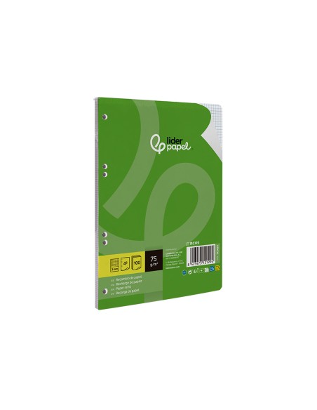 Recambio liderpapel a5 100 hojas 75gr cuadro 3mm con margen 6 taladros