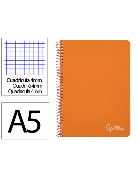 Cuaderno espiral liderpapel a5 witty tapa dura 80h 90gr cuadro 4mm con margen color naranja