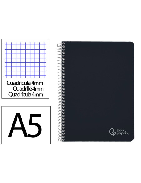 Cuaderno espiral liderpapel a5 witty tapa dura 80h 90gr cuadro 4mm con margen color negro