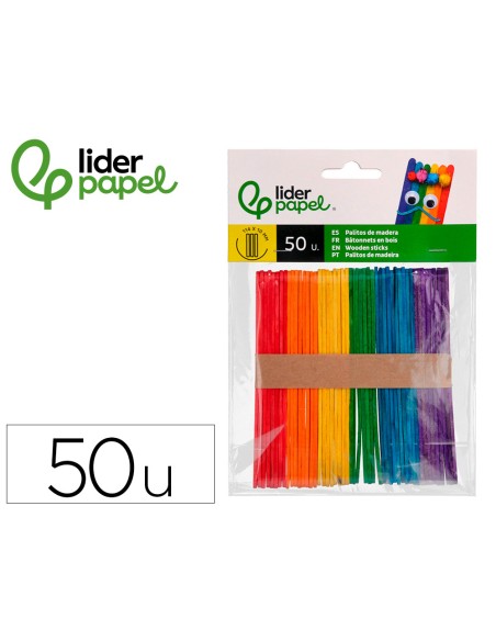Palitos de madera liderpapel colores surtidos 11,4x1 cm bolsa con 50 unidades