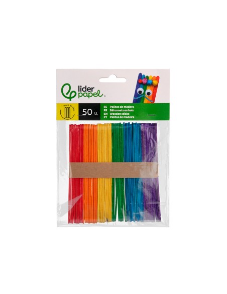 Palitos de madera liderpapel colores surtidos 11,4x1 cm bolsa con 50 unidades