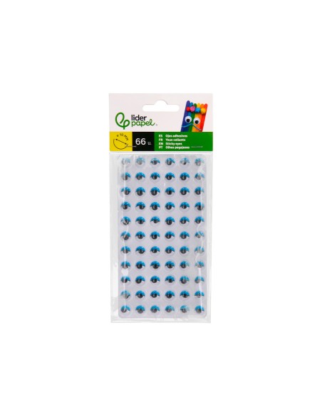 Ojo adhesivo liderpapel 10 mm con pupila negra y pestaña de color azul pack de 66 unidades