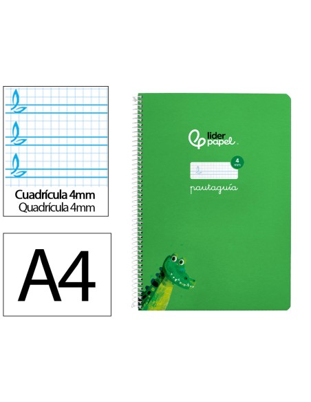 Cuaderno espiral liderpapel a4 pautaguia tapa blanda 80h 75gr cuadro pautado 4mm color verde